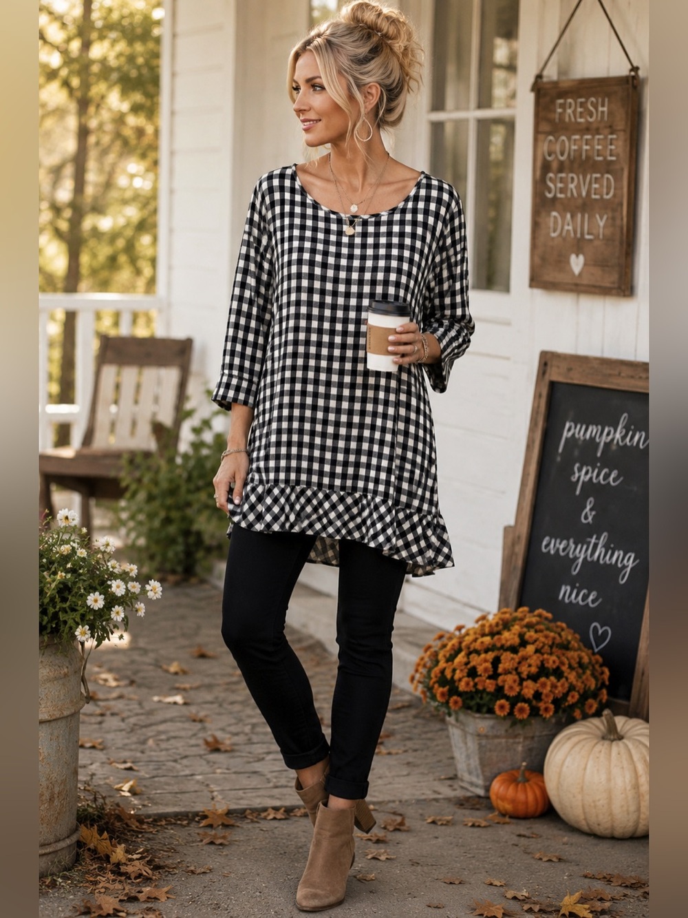 J. Jill Black and White Gingham Ruffle-Hem Top